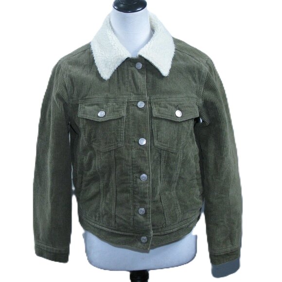 PacSun Army Green Corduroy Sherpa Lined Trucker Jacket Faux Fur Oversized Small - Picture 1 of 6
